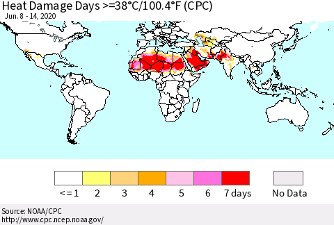 World Heat Damage Days >=38°C/100°F (CPC) Thematic Map For 6/8/2020 - 6/14/2020