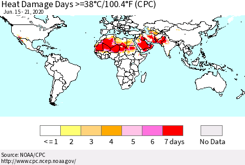World Heat Damage Days >=38°C/100°F (CPC) Thematic Map For 6/15/2020 - 6/21/2020