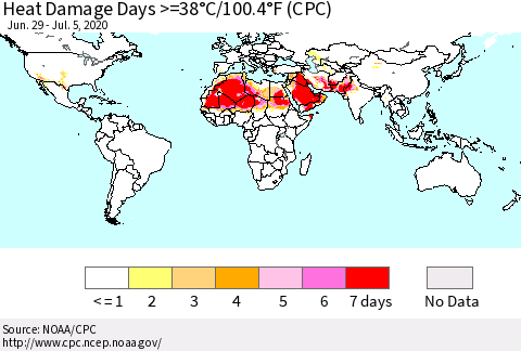 World Heat Damage Days >=38°C/100°F (CPC) Thematic Map For 6/29/2020 - 7/5/2020