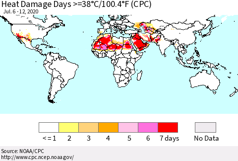World Heat Damage Days >=38°C/100°F (CPC) Thematic Map For 7/6/2020 - 7/12/2020