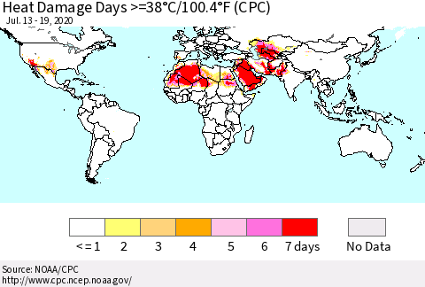 World Heat Damage Days >=38°C/100°F (CPC) Thematic Map For 7/13/2020 - 7/19/2020