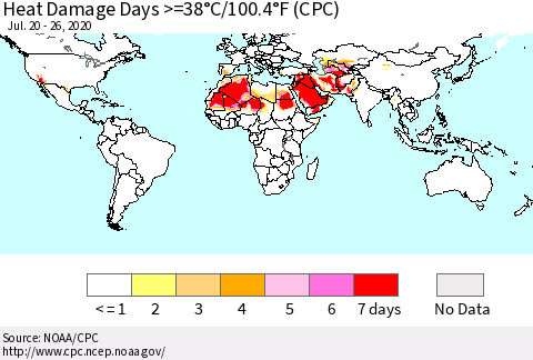 World Heat Damage Days >=38°C/100°F (CPC) Thematic Map For 7/20/2020 - 7/26/2020