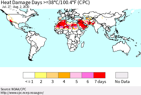 World Heat Damage Days >=38°C/100°F (CPC) Thematic Map For 7/27/2020 - 8/2/2020