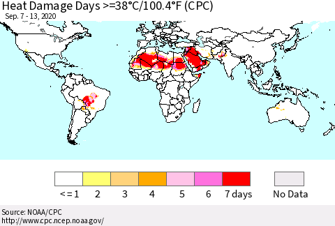 World Heat Damage Days >=38°C/100°F (CPC) Thematic Map For 9/7/2020 - 9/13/2020