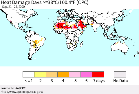 World Heat Damage Days >=38°C/100°F (CPC) Thematic Map For 9/21/2020 - 9/27/2020