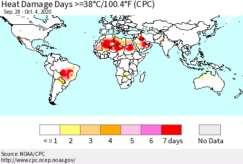 World Heat Damage Days >=38°C/100°F (CPC) Thematic Map For 9/28/2020 - 10/4/2020