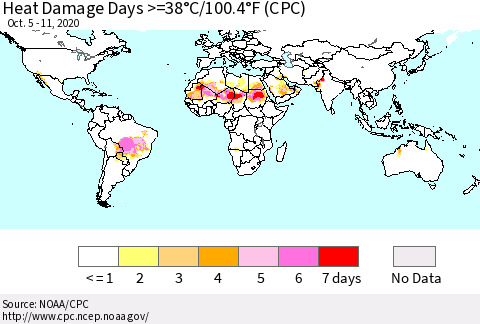 World Heat Damage Days >=38°C/100°F (CPC) Thematic Map For 10/5/2020 - 10/11/2020