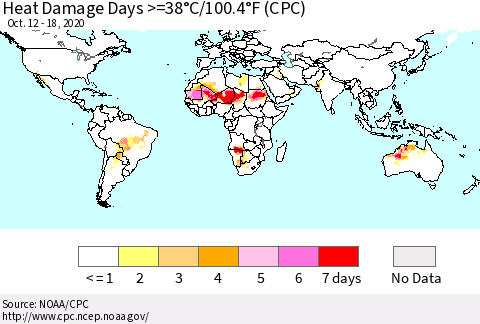 World Heat Damage Days >=38°C/100°F (CPC) Thematic Map For 10/12/2020 - 10/18/2020