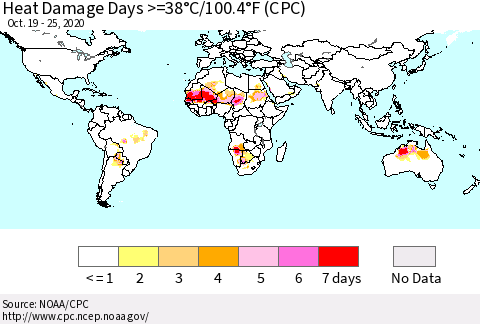 World Heat Damage Days >=38°C/100°F (CPC) Thematic Map For 10/19/2020 - 10/25/2020