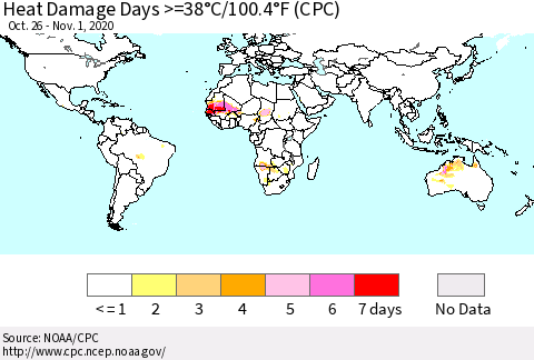World Heat Damage Days >=38°C/100°F (CPC) Thematic Map For 10/26/2020 - 11/1/2020