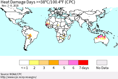 World Heat Damage Days >=38°C/100°F (CPC) Thematic Map For 11/2/2020 - 11/8/2020