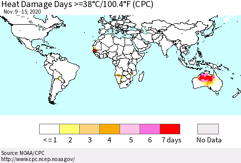 World Heat Damage Days >=38°C/100°F (CPC) Thematic Map For 11/9/2020 - 11/15/2020