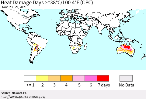 World Heat Damage Days >=38°C/100°F (CPC) Thematic Map For 11/23/2020 - 11/29/2020
