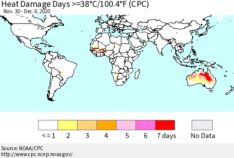 World Heat Damage Days >=38°C/100°F (CPC) Thematic Map For 11/30/2020 - 12/6/2020