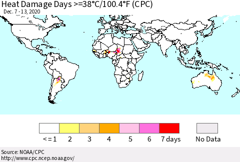 World Heat Damage Days >=38°C/100°F (CPC) Thematic Map For 12/7/2020 - 12/13/2020