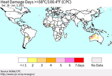 World Heat Damage Days >=38°C/100°F (CPC) Thematic Map For 12/28/2020 - 1/3/2021