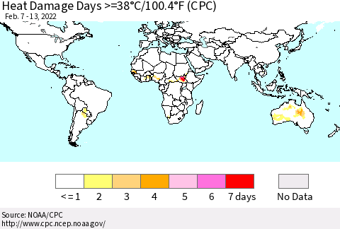 World Heat Damage Days >=38°C/100°F (CPC) Thematic Map For 2/7/2022 - 2/13/2022
