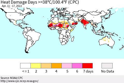 World Heat Damage Days >=38°C/100°F (CPC) Thematic Map For 4/11/2022 - 4/17/2022