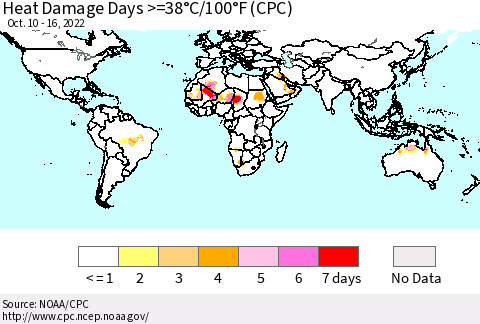 World Heat Damage Days >=38°C/100°F (CPC) Thematic Map For 10/10/2022 - 10/16/2022
