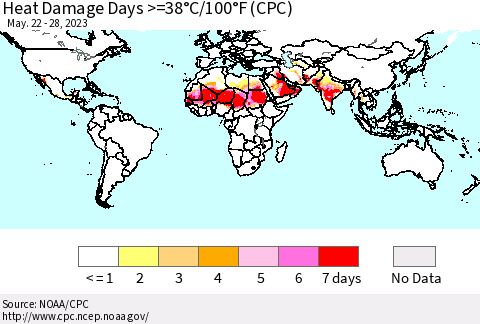 World Heat Damage Days >=38°C/100°F (CPC) Thematic Map For 5/22/2023 - 5/28/2023