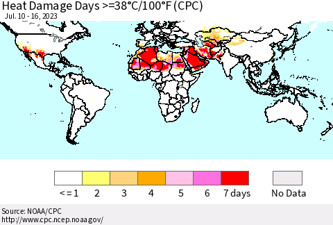 World Heat Damage Days >=38°C/100°F (CPC) Thematic Map For 7/10/2023 - 7/16/2023