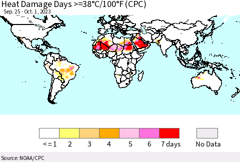 World Heat Damage Days >=38°C/100°F (CPC) Thematic Map For 9/25/2023 - 10/1/2023