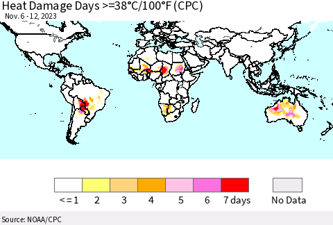 World Heat Damage Days >=38°C/100°F (CPC) Thematic Map For 11/6/2023 - 11/12/2023