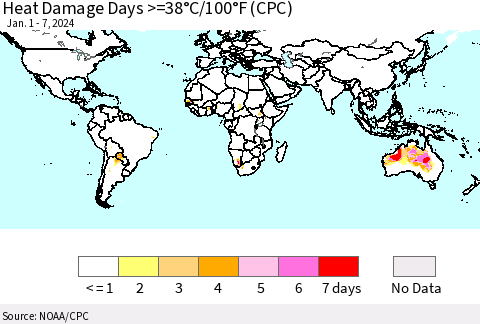 World Heat Damage Days >=38°C/100°F (CPC) Thematic Map For 1/1/2024 - 1/7/2024