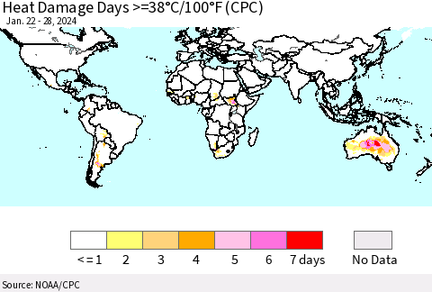 World Heat Damage Days >=38°C/100°F (CPC) Thematic Map For 1/22/2024 - 1/28/2024