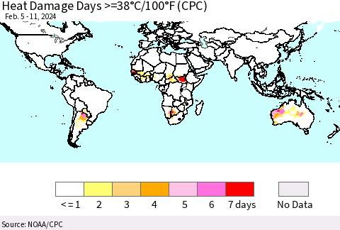 World Heat Damage Days >=38°C/100°F (CPC) Thematic Map For 2/5/2024 - 2/11/2024