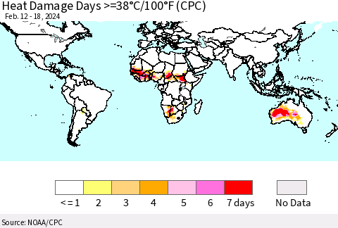 World Heat Damage Days >=38°C/100°F (CPC) Thematic Map For 2/12/2024 - 2/18/2024