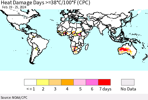 World Heat Damage Days >=38°C/100°F (CPC) Thematic Map For 2/19/2024 - 2/25/2024