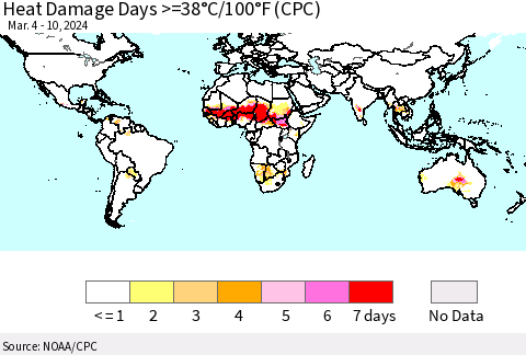 World Heat Damage Days >=38°C/100°F (CPC) Thematic Map For 3/4/2024 - 3/10/2024