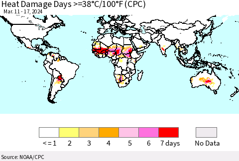 World Heat Damage Days >=38°C/100°F (CPC) Thematic Map For 3/11/2024 - 3/17/2024