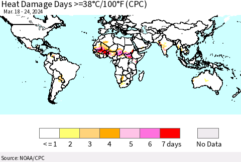 World Heat Damage Days >=38°C/100°F (CPC) Thematic Map For 3/18/2024 - 3/24/2024
