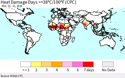 World Heat Damage Days >=38°C/100°F (CPC) Thematic Map For 3/25/2024 - 3/31/2024
