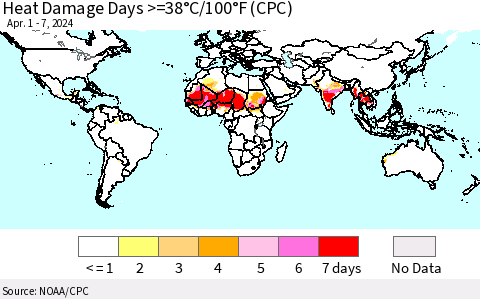 World Heat Damage Days >=38°C/100°F (CPC) Thematic Map For 4/1/2024 - 4/7/2024