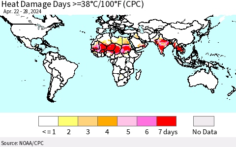 World Heat Damage Days >=38°C/100°F (CPC) Thematic Map For 4/22/2024 - 4/28/2024