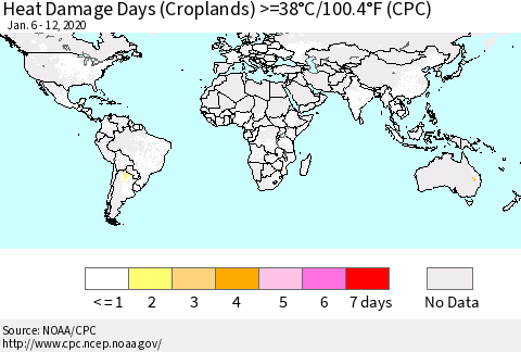 World Heat Damage Days (Croplands) >=38°C/100°F (CPC) Thematic Map For 1/6/2020 - 1/12/2020