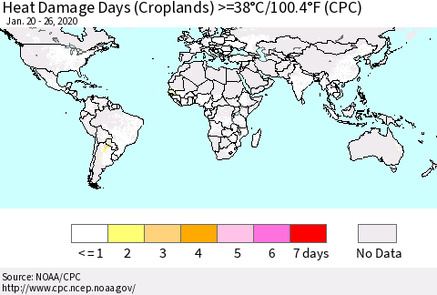 World Heat Damage Days (Croplands) >=38°C/100°F (CPC) Thematic Map For 1/20/2020 - 1/26/2020
