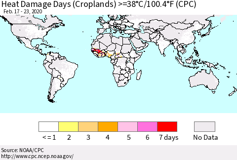 World Heat Damage Days (Croplands) >=38°C/100°F (CPC) Thematic Map For 2/17/2020 - 2/23/2020