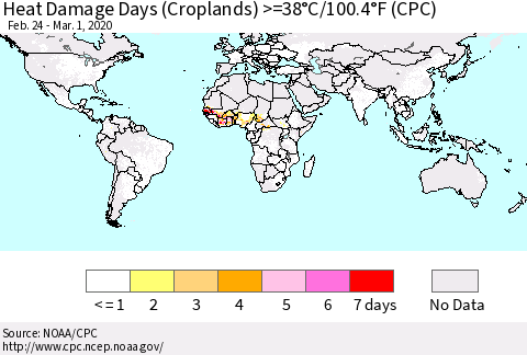 World Heat Damage Days (Croplands) >=38°C/100°F (CPC) Thematic Map For 2/24/2020 - 3/1/2020