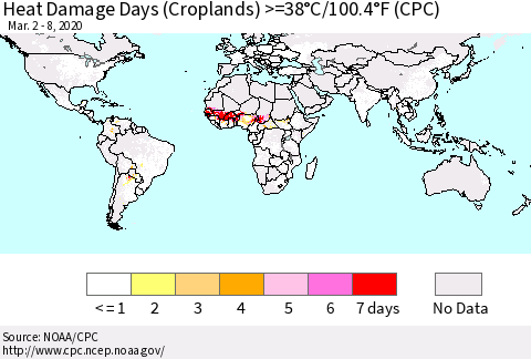 World Heat Damage Days (Croplands) >=38°C/100°F (CPC) Thematic Map For 3/2/2020 - 3/8/2020