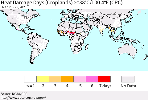 World Heat Damage Days (Croplands) >=38°C/100°F (CPC) Thematic Map For 3/23/2020 - 3/29/2020