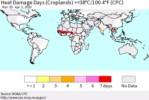 World Heat Damage Days (Croplands) >=38°C/100°F (CPC) Thematic Map For 3/30/2020 - 4/5/2020