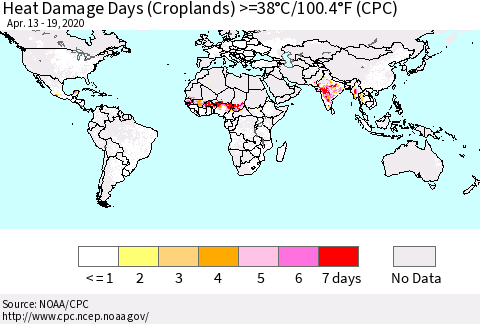 World Heat Damage Days (Croplands) >=38°C/100°F (CPC) Thematic Map For 4/13/2020 - 4/19/2020