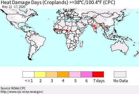 World Heat Damage Days (Croplands) >=38°C/100°F (CPC) Thematic Map For 5/11/2020 - 5/17/2020