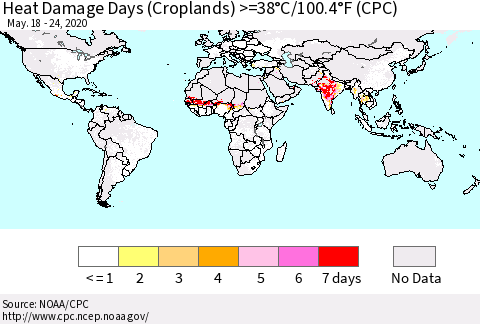 World Heat Damage Days (Croplands) >=38°C/100°F (CPC) Thematic Map For 5/18/2020 - 5/24/2020
