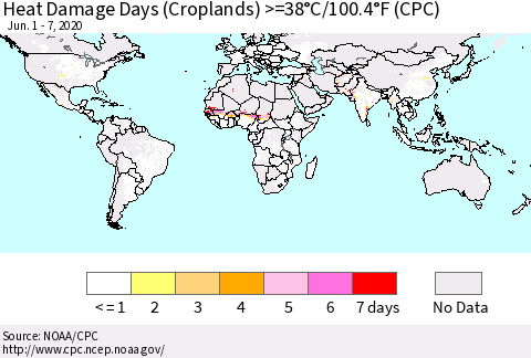 World Heat Damage Days (Croplands) >=38°C/100°F (CPC) Thematic Map For 6/1/2020 - 6/7/2020