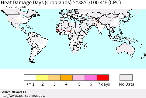 World Heat Damage Days (Croplands) >=38°C/100°F (CPC) Thematic Map For 6/22/2020 - 6/28/2020